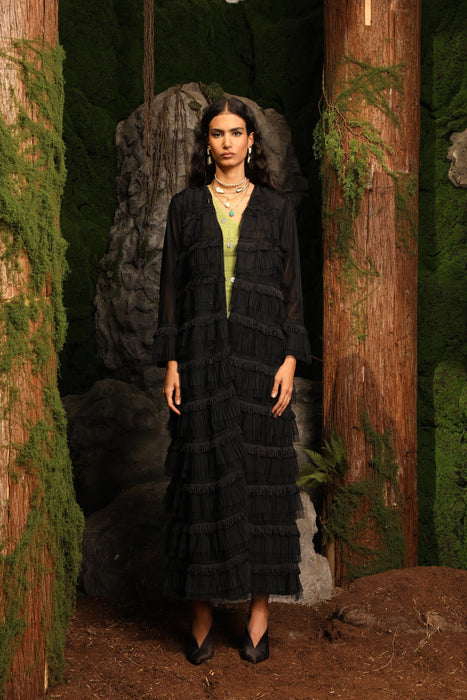 Tulle Abaya with Delicate Fringe Detailing