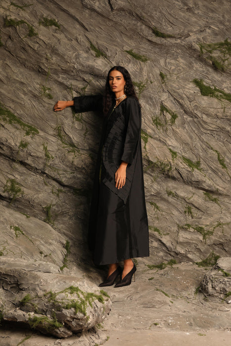 Black Taffeta Abaya with Side Appliqué Detailing