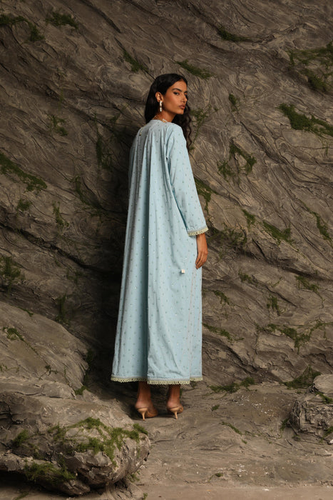 Sky Blue Abaya with Handcrafted Green Detailing