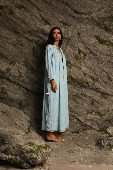 Sky Blue Abaya with Handcrafted Green Detailing