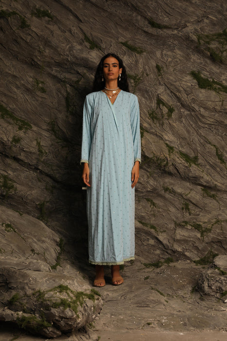 Sky Blue Abaya with Handcrafted Green Detailing