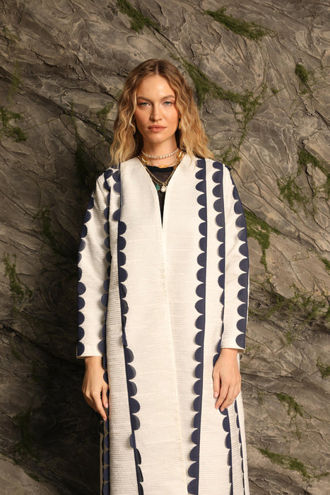 Ivory Abaya with Navy Scalloped Detailing