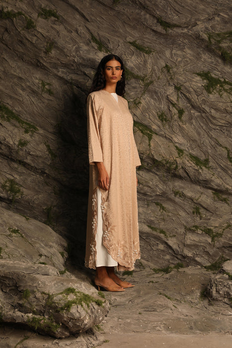 Cream 3-Piece Abaya Set with Delicate Floral Embroidery
