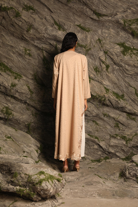 Cream 3-Piece Abaya Set with Delicate Floral Embroidery