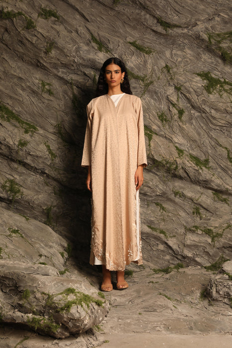 Cream 3-Piece Abaya Set with Delicate Floral Embroidery