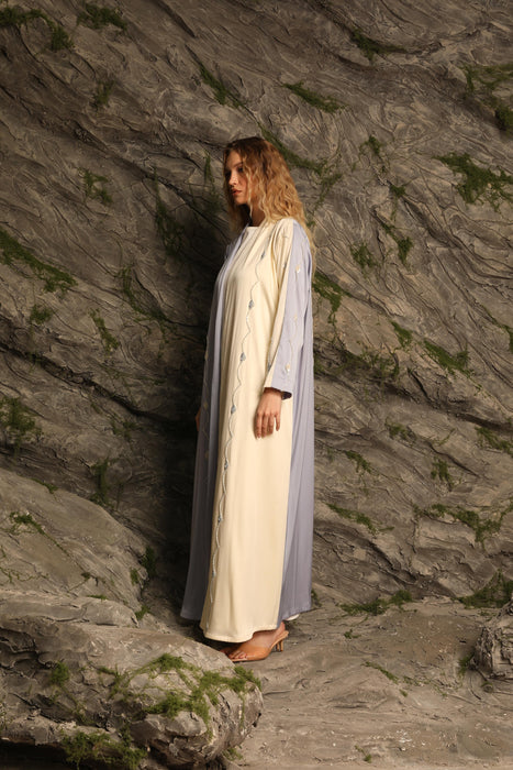 Two-Tone Powder Blue and Ivory Abaya with Handcrafted Detailing