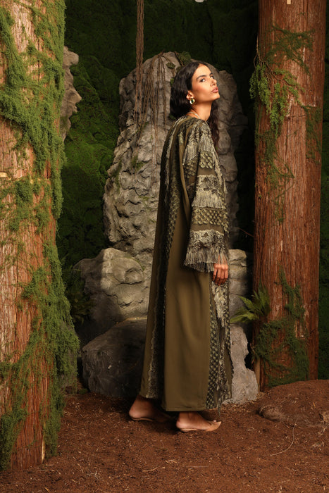 Olive Green Abaya with Bold Fringe Detailing