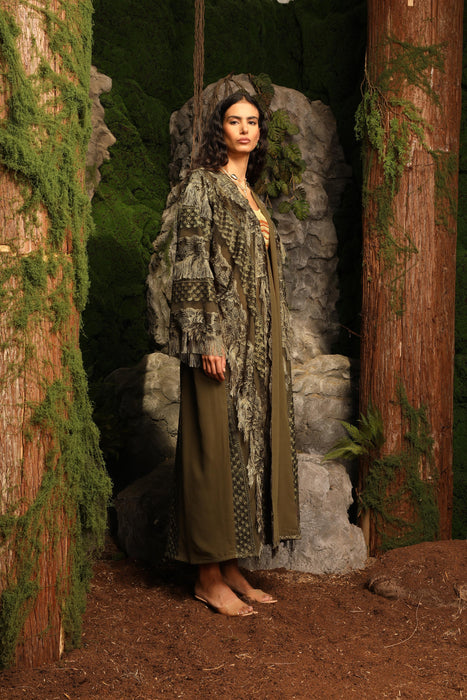 Olive Green Abaya with Bold Fringe Detailing