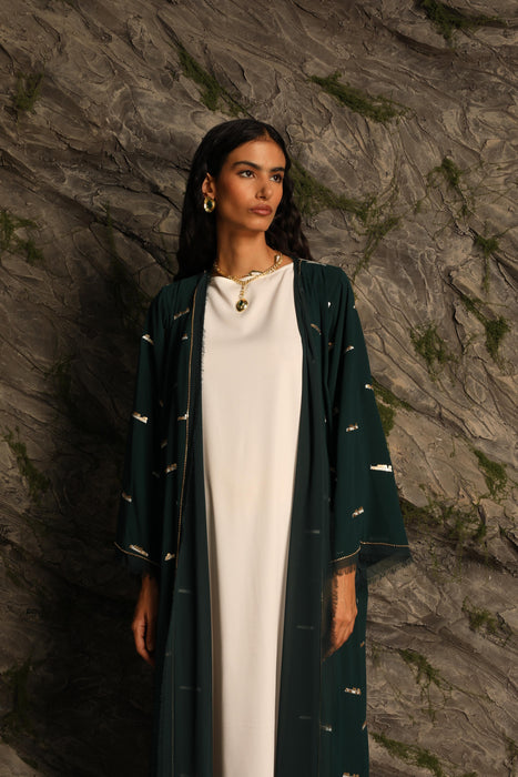 Rich Emerald Green Chiffon Abaya with Golden Embroidery