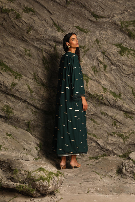 Rich Emerald Green Chiffon Abaya with Golden Embroidery