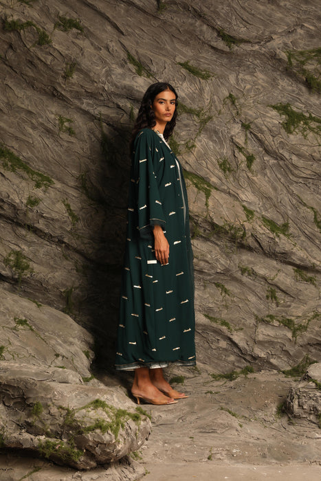 Rich Emerald Green Chiffon Abaya with Golden Embroidery