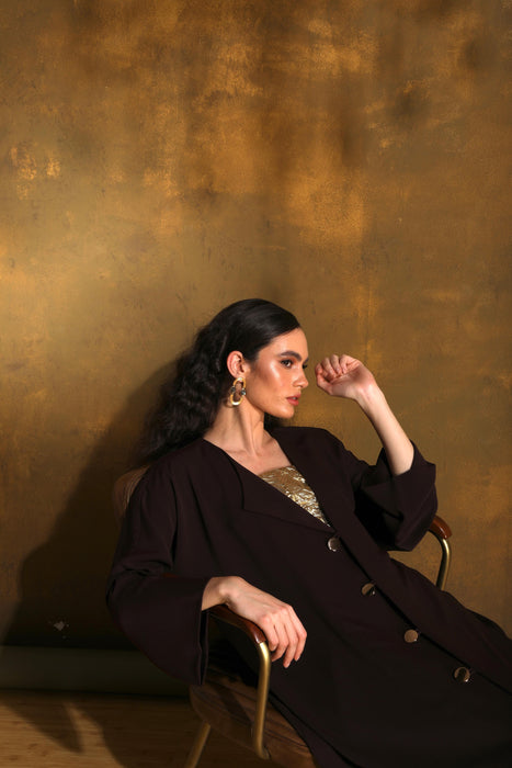 Espresso Flow Golden Button Crepe Abaya