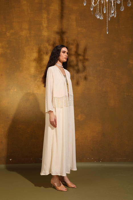 Ivory Pearl Fringe Hand-Embellished Crepe Abaya