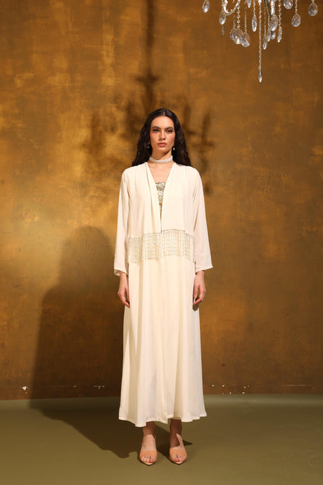 Ivory Pearl Fringe Hand-Embellished Crepe Abaya
