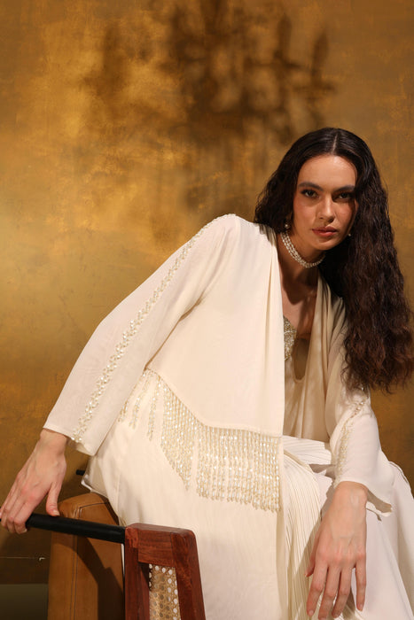 Ivory Pearl Fringe Hand-Embellished Crepe Abaya