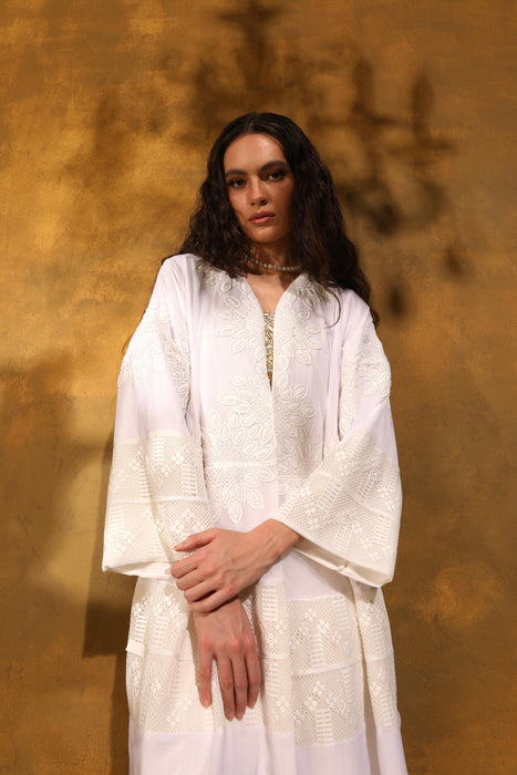 Ivory Whisper Chiffon Abaya with Intricate Handmade Detailing