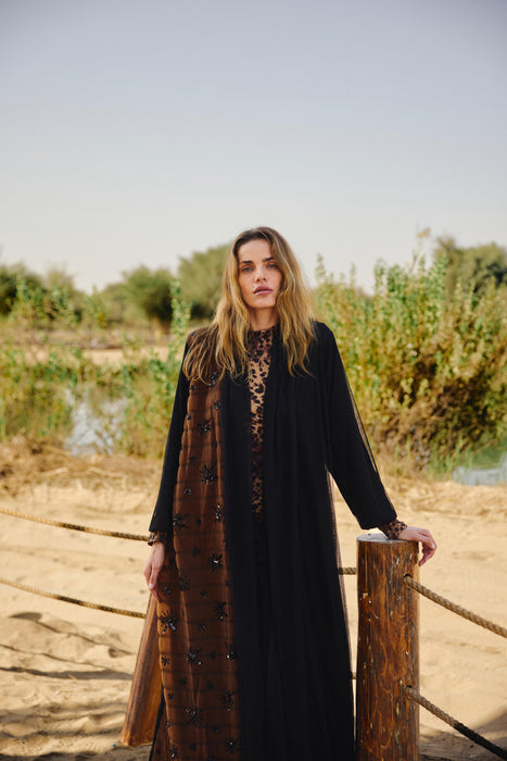 Black & Brown Tulle Abaya with Sequins