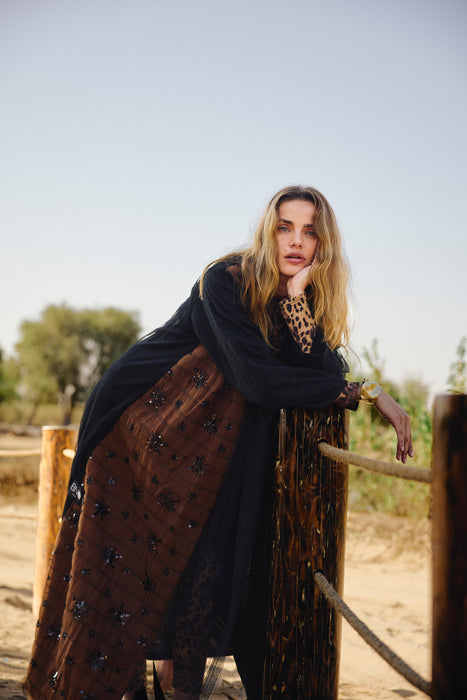 Black & Brown Tulle Abaya with Sequins
