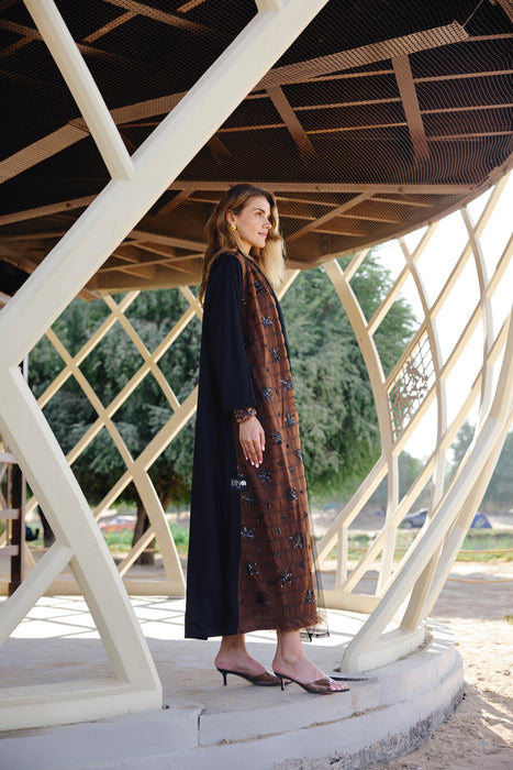 Black & Brown Tulle Abaya with Sequins