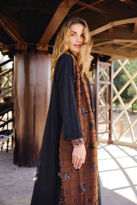 Black & Brown Tulle Abaya with Sequins