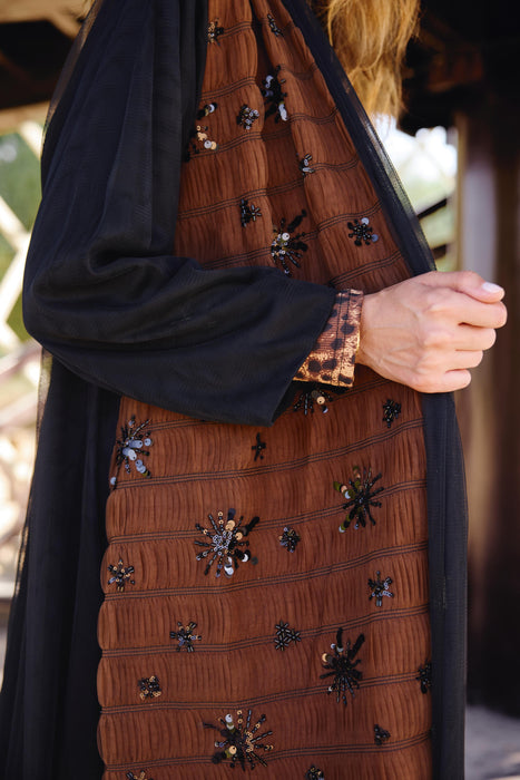 Black & Brown Tulle Abaya with Sequins