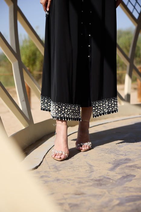 Black Abaya with Pearl-Embellished Hem