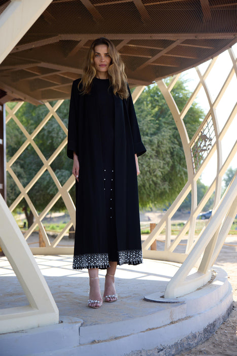 Black Abaya with Pearl-Embellished Hem