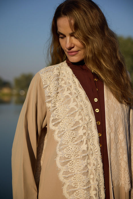 Beige Bulge Abaya with Lace & Pearl Details