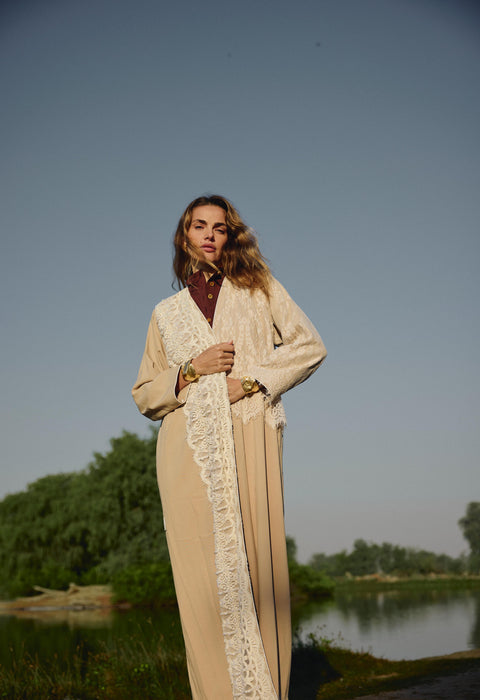 Beige Bulge Abaya with Lace & Pearl Details
