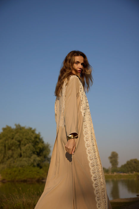 Beige Bulge Abaya with Lace & Pearl Details
