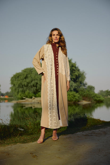 Beige Bulge Abaya with Lace & Pearl Details
