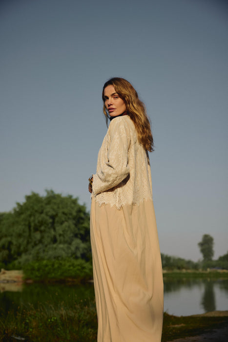 Beige Bulge Abaya with Lace & Pearl Details