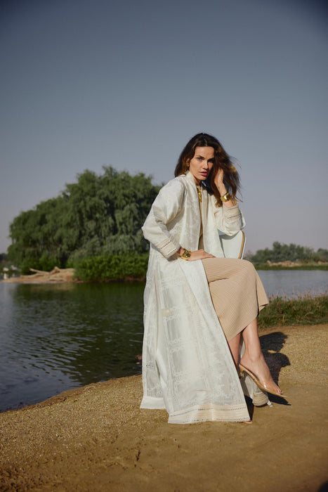 Ivory Floral Embroidered Abaya with Mirror Accents