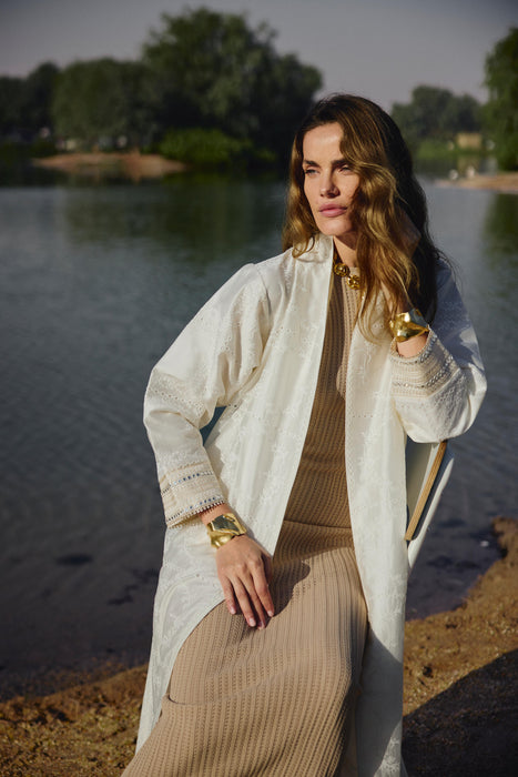 Ivory Floral Embroidered Abaya with Mirror Accents