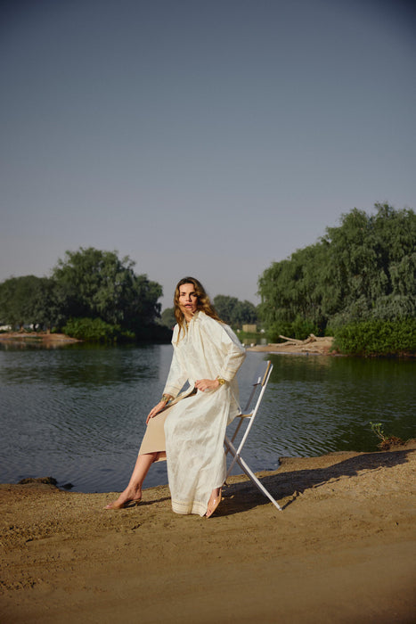 Ivory Floral Embroidered Abaya with Mirror Accents