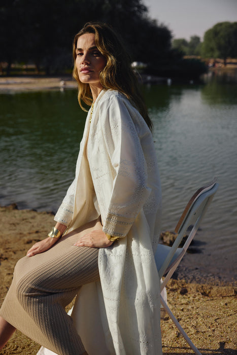 Ivory Floral Embroidered Abaya with Mirror Accents