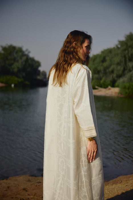 Ivory Floral Embroidered Abaya with Mirror Accents