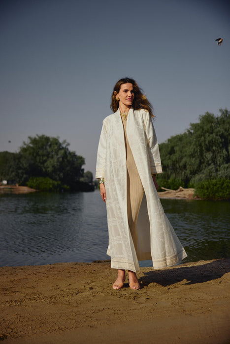 Ivory Floral Embroidered Abaya with Mirror Accents