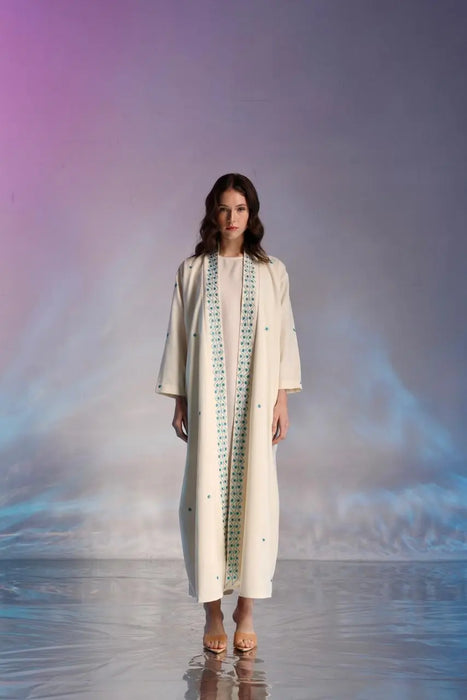White Abaya with Sky Blue Hand Embroidery with Inner Dress