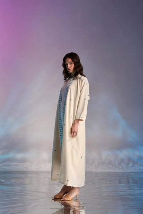 White Abaya with Sky Blue Hand Embroidery with Inner Dress