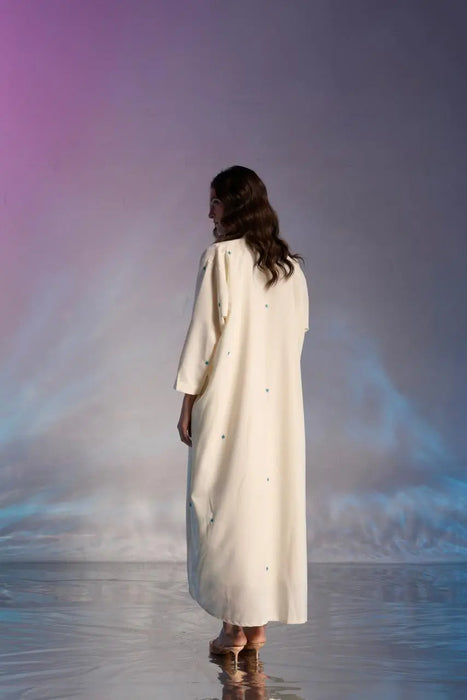 White Abaya with Sky Blue Hand Embroidery with Inner Dress
