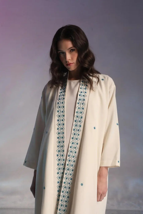 White Abaya with Sky Blue Hand Embroidery with Inner Dress