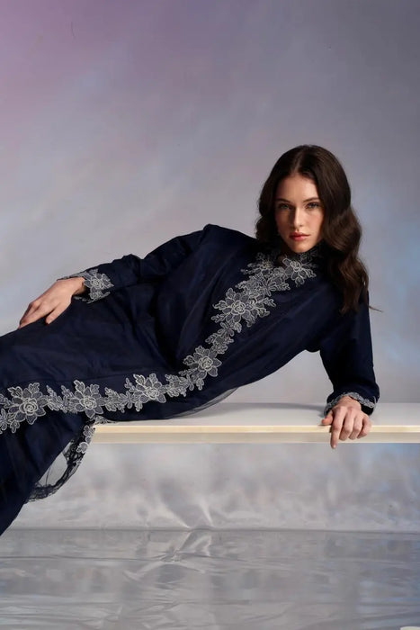 Midnight Navy Tulle Abaya with Floral Appliqué
