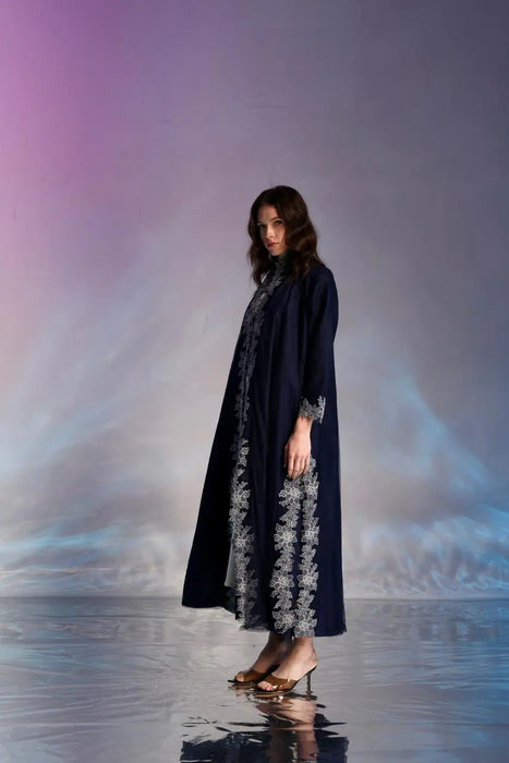 Midnight Navy Tulle Abaya with Floral Appliqué
