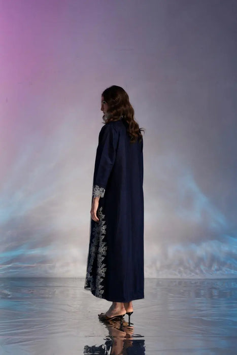 Midnight Navy Tulle Abaya with Floral Appliqué
