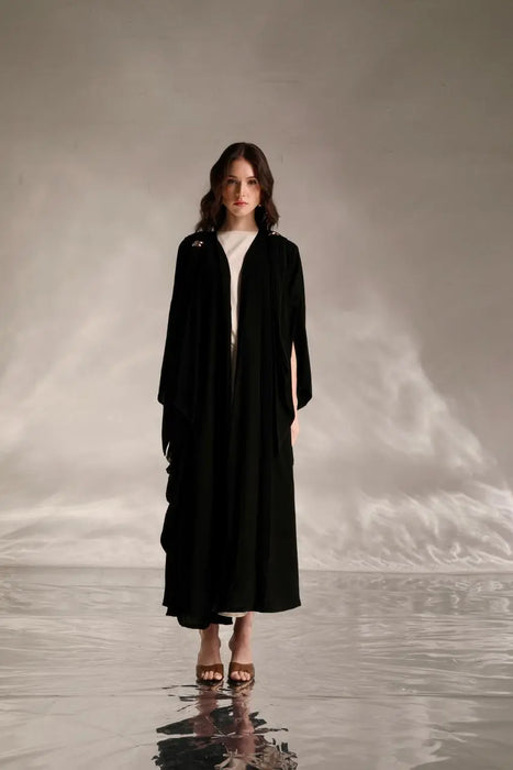 Draped Black Abaya with Gold Shoulder Detail