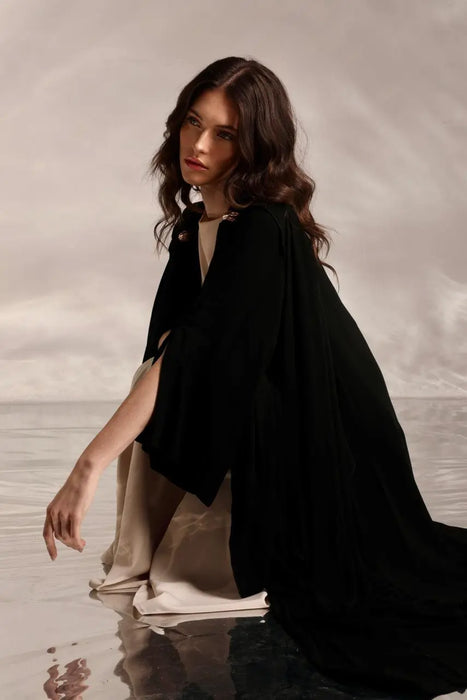 Draped Black Abaya with Gold Shoulder Detail