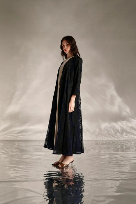 Floral Tulle Abaya in Blue & Black