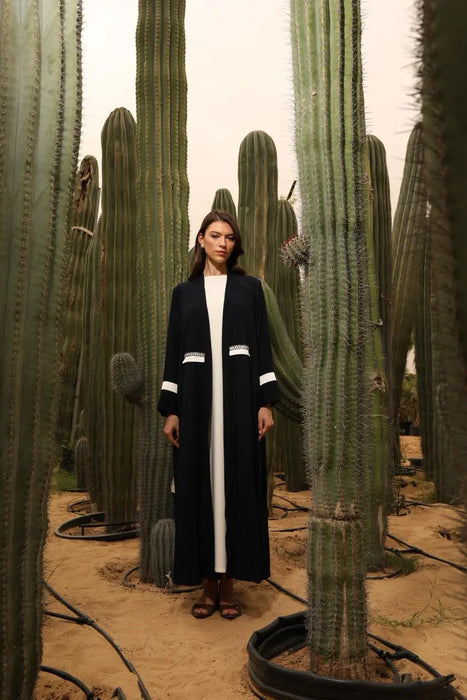 Classic Pleated Navy Abaya with Elegant Embellishments