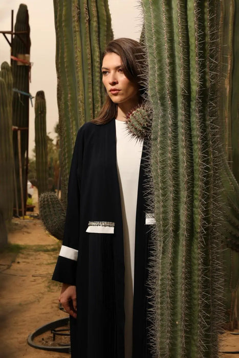 Classic Pleated Navy Abaya with Elegant Embellishments